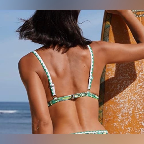 NEW Embroidered Straps Green Floral V-neck Adjustable padded Bikini TOP Large - Picture 3 of 15